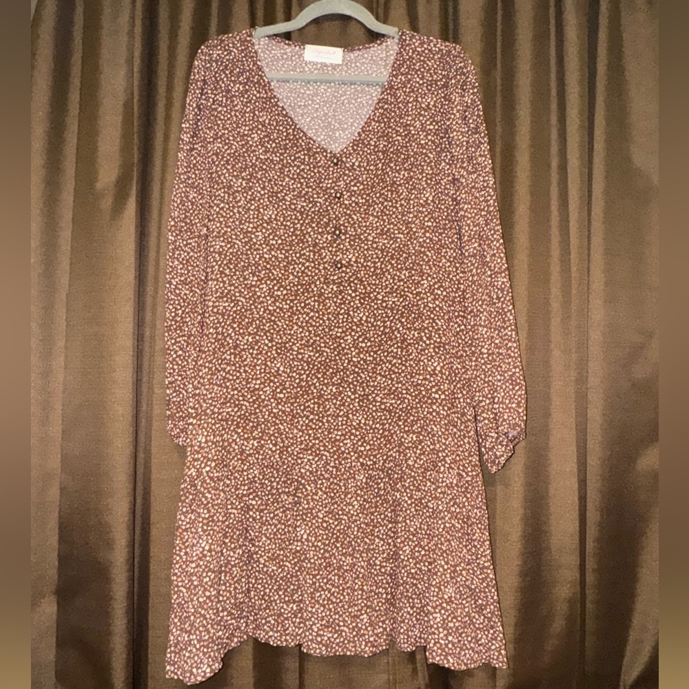 Sugar fox Floral V-Neck Long Sleeve Dress with Accent Buttons, Size S